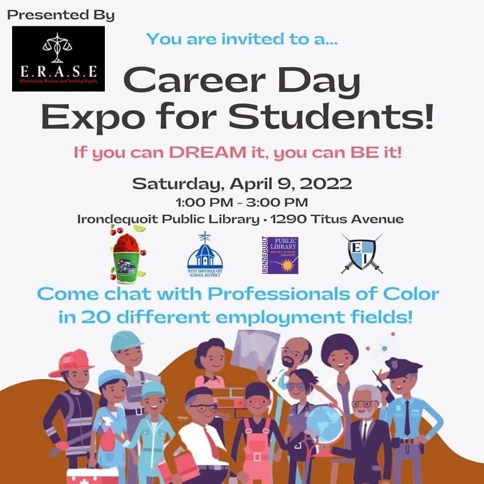 Career Day Expo for Students, April 9th, 1-3pm at the Irondequoit Public Library