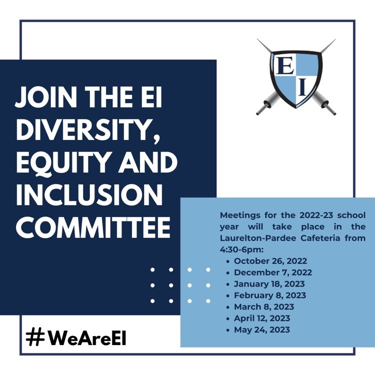 join the diversity, equity and inclusion committee. meetings for the 2022-23 school year will take place in the Laurelton Pardee cafeteria from 4:30-6pm. 