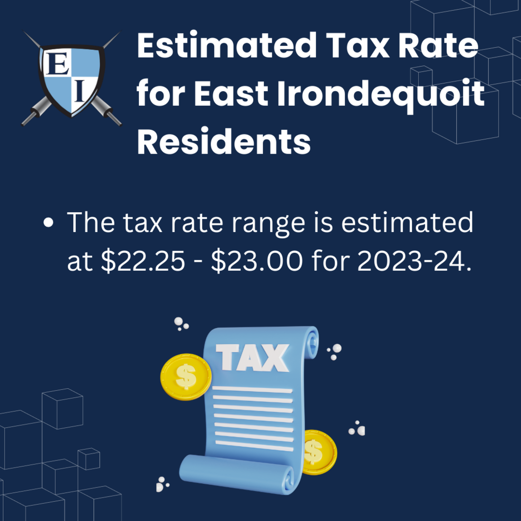 Estimated Tax Rate for East Irondequoit Residents. The tax rate range is estimated at $22.25 - $23.00 for 2023-24.